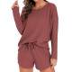 Waffle knit women's pajama set with long-sleeved top and short pants for a casual outfit that can be worn outside Waffle knit women's pajama set with long-sleeved top and short pants for a casual outfit that can be worn outside