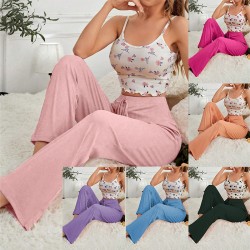 Cross-border foreign trade women's home wear floral suspenders long pants set for casual and comfortable women's wear that can be worn outside