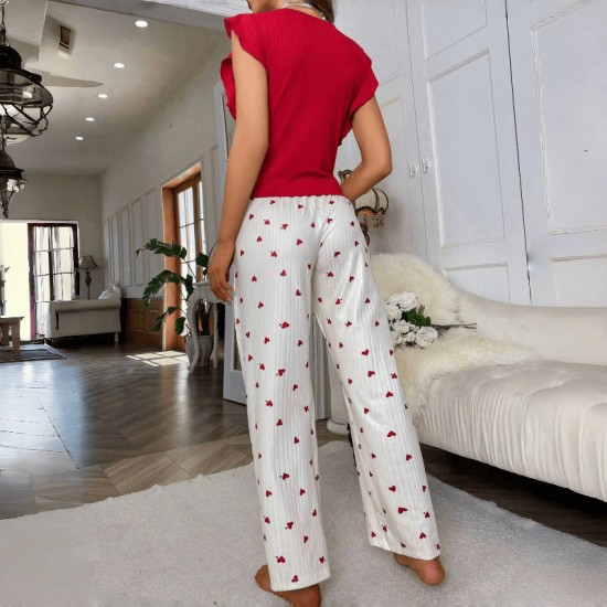 Cross-border women's home wear with heart patterns in European style, short-sleeved pants with small flaps and cuffs, two-piece set with a flowery pattern for casual and comfortable home wear Cross-border women's home wear with heart patterns in European style, short-sleeved pants with small flaps and cuffs, two-piece set with a flowery pattern for casual and comfortable home wear
