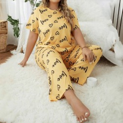 Temu cross-border European style plus-size home wear with enlarged and padded heart round-neck short-sleeved pants pajama set for women that can be worn outside