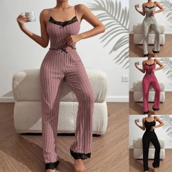 Pajama set for women in summer with European letter pattern short-sleeved T-shirt, bow tie striped short pants, home wear set