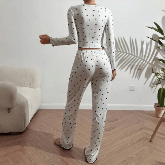 Cross-border best-selling home wear with heart patterns in European style, jacquard long-sleeved pants with a turned-up collar pajama set for women that can be worn outside Cross-border best-selling home wear with heart patterns in European style, jacquard long-sleeved pants with a turned-up collar pajama set for women that can be worn outside