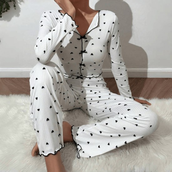 Cross-border best-selling home wear with heart patterns in European style, jacquard long-sleeved pants with a turned-up collar pajama set for women that can be worn outside Cross-border best-selling home wear with heart patterns in European style, jacquard long-sleeved pants with a turned-up collar pajama set for women that can be worn outside