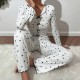 Cross-border best-selling home wear with heart patterns in European style, jacquard long-sleeved pants with a turned-up collar pajama set for women that can be worn outside Cross-border best-selling home wear with heart patterns in European style, jacquard long-sleeved pants with a turned-up collar pajama set for women that can be worn outside