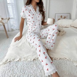 Cross-border best-selling women's home wear with cherry print water-soluble embroidery edges, short-sleeved pants that can be worn outside, women's casual pajamas