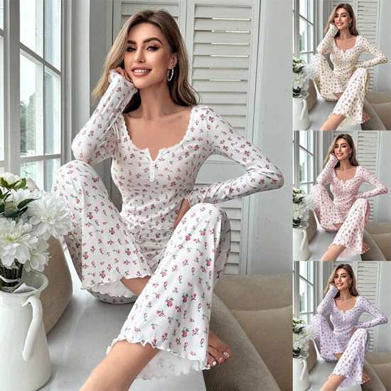Cross-border best-selling Amazon-style home wear with casual floral printed pants, long-sleeved pants two-piece set, European-style women's pajamas that can be worn outside