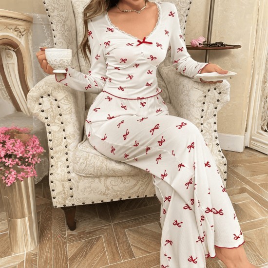 Cross-border Amazon European style pajama set for women with butterfly knot long pants and long-sleeved set with printed patterns and elastic for comfortable and casual home wear Cross-border Amazon European style pajama set for women with butterfly knot long pants and long-sleeved set with printed patterns and elastic for comfortable and casual home wear