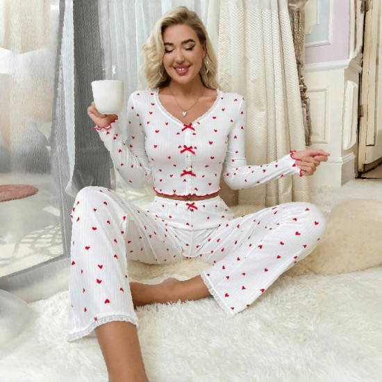 Cross-border best-selling home wear with heart patterns in European style, V-neck jacquard long-sleeved pants pajama set for women that can be worn outside Cross-border best-selling home wear with heart patterns in European style, V-neck jacquard long-sleeved pants pajama set for women that can be worn outside