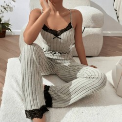 Pajama set for women in summer with European letter pattern short-sleeved T-shirt, bow tie striped short pants, home wear set