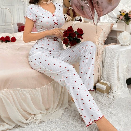 Cross-border best-selling home wear with printed designs, heart-shaped V-neck short-sleeved pants set, women's casual pajamas Cross-border best-selling home wear with printed designs, heart-shaped V-neck short-sleeved pants set, women's casual pajamas