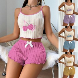 Cross-border best-selling Amazon-style home wear with embroidery, women's brushed-hangback blouses and short pants set, home wear set that can be worn outside