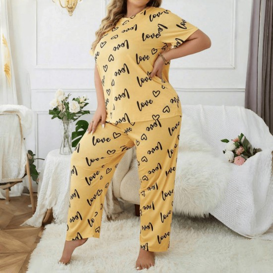 Temu cross-border European style plus-size home wear with enlarged and padded heart round-neck short-sleeved pants pajama set for women that can be worn outside Temu cross-border European style plus-size home wear with enlarged and padded heart round-neck short-sleeved pants pajama set for women that can be worn outside