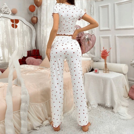 Cross-border best-selling home wear with printed designs, heart-shaped V-neck short-sleeved pants set, women's casual pajamas Cross-border best-selling home wear with printed designs, heart-shaped V-neck short-sleeved pants set, women's casual pajamas