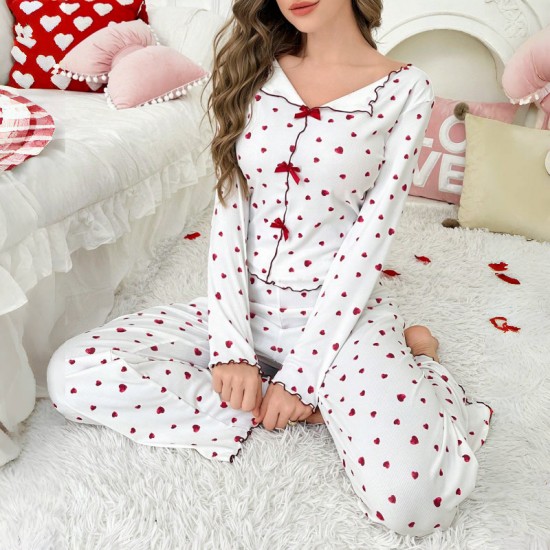 Cross-border home wear set for autumn-winter with heart patterned collared sleepwear for women and long-sleeved pants. Two-piece set that can be worn outside. Cross-border home wear set with heart patterned sleepwear and long-sleeved pants for European-st Cross-border home wear set for autumn-winter with heart patterned collared sleepwear for women and long-sleeved pants. Two-piece set that can be worn outside. Cross-border home wear set with heart patterned sleepwear and long-sleeved pants for European-st