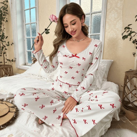 Cross-border Amazon European style pajama set for women with butterfly knot long pants and long-sleeved set with printed patterns and elastic for comfortable and casual home wear Cross-border Amazon European style pajama set for women with butterfly knot long pants and long-sleeved set with printed patterns and elastic for comfortable and casual home wear